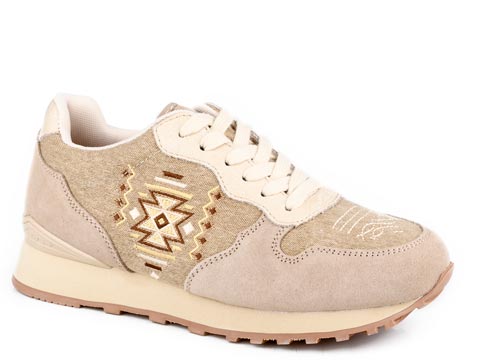 Roper Women's Taupe Suede Aztec Embroidery Lace Up Jogger Shoe - Roper