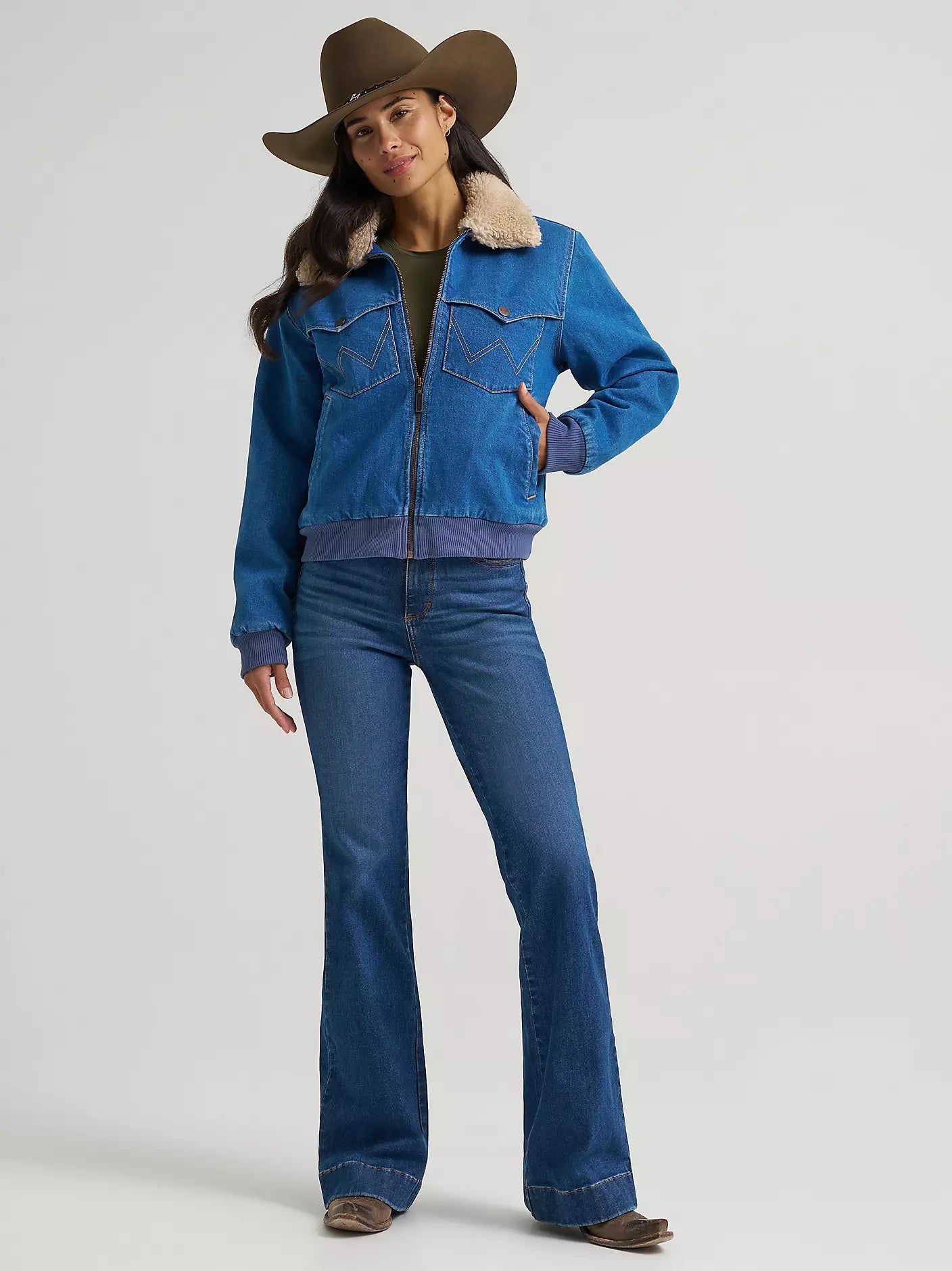 Wrangler Women's Denim Sherpa-Lined Bomber Jacket
