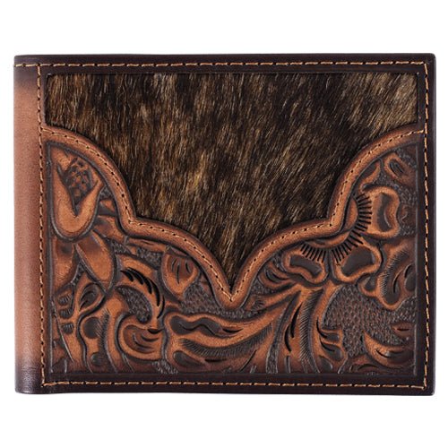Justin Men's Genuine Leather Bifold Wallet Floral Tooling With Cowhide - Justin