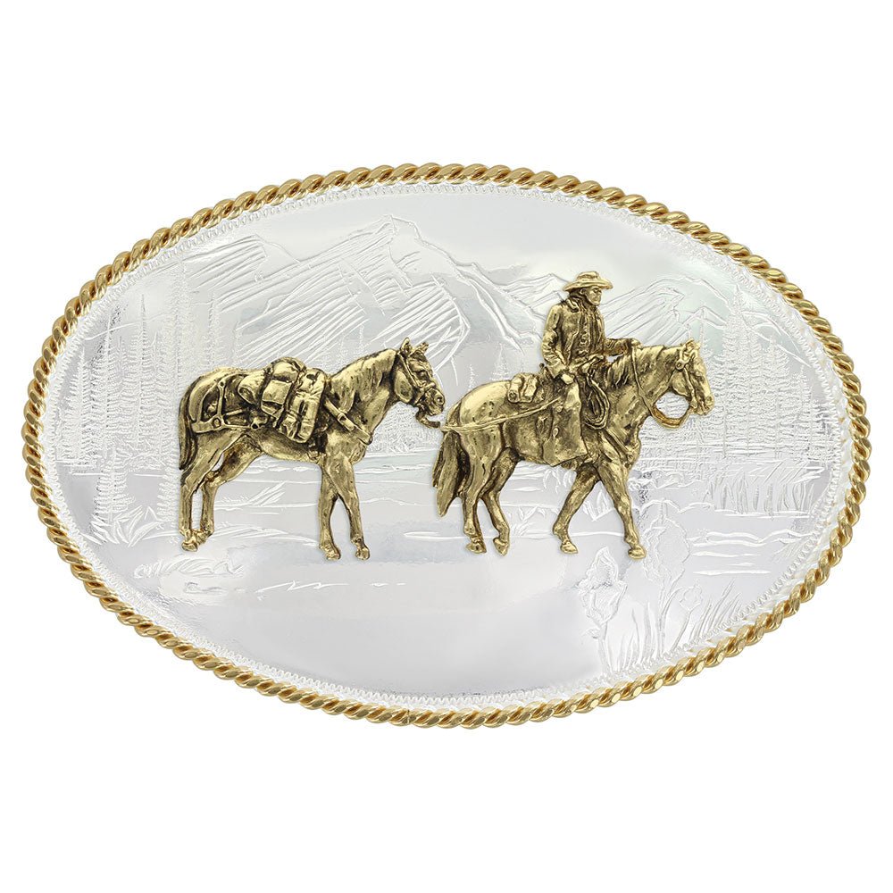 Montana Silver Etched Mountains Western Belt Buckle with Pack Horse and Rider - Montana Silversmiths