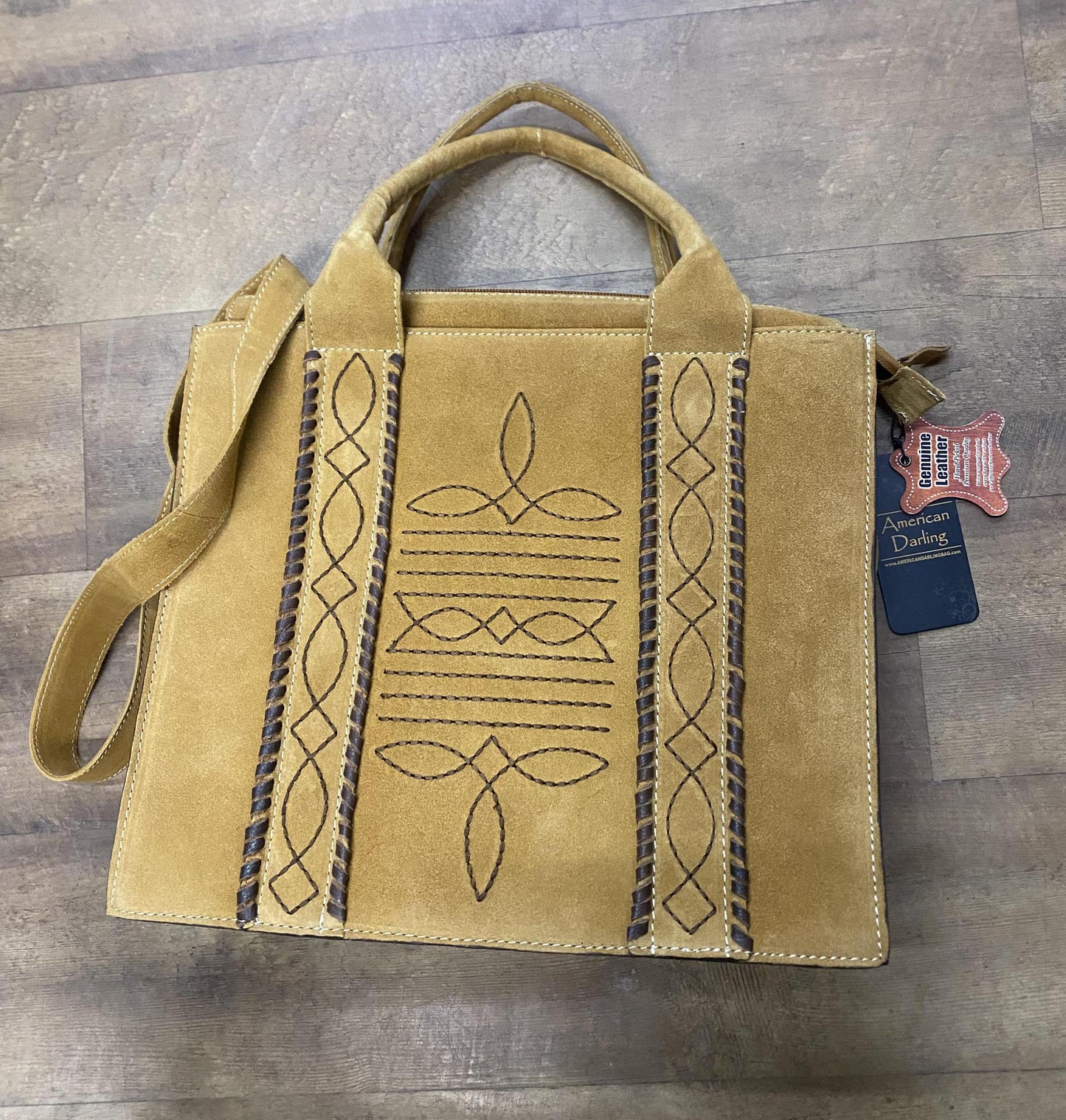 American Darling Women's Tan Rough Out Leather With Boot Stitching Crossbody/Handbag