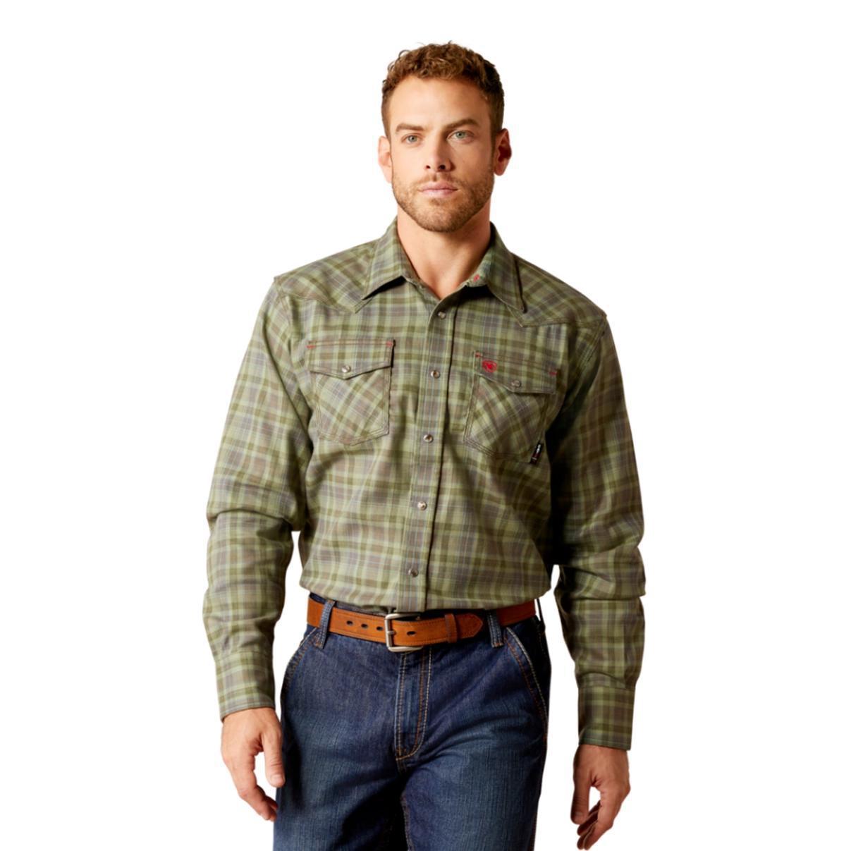 Ariat Men's Flame Resistant Sawtooth Retro Fit Snap Work Shirt Deep Lichen