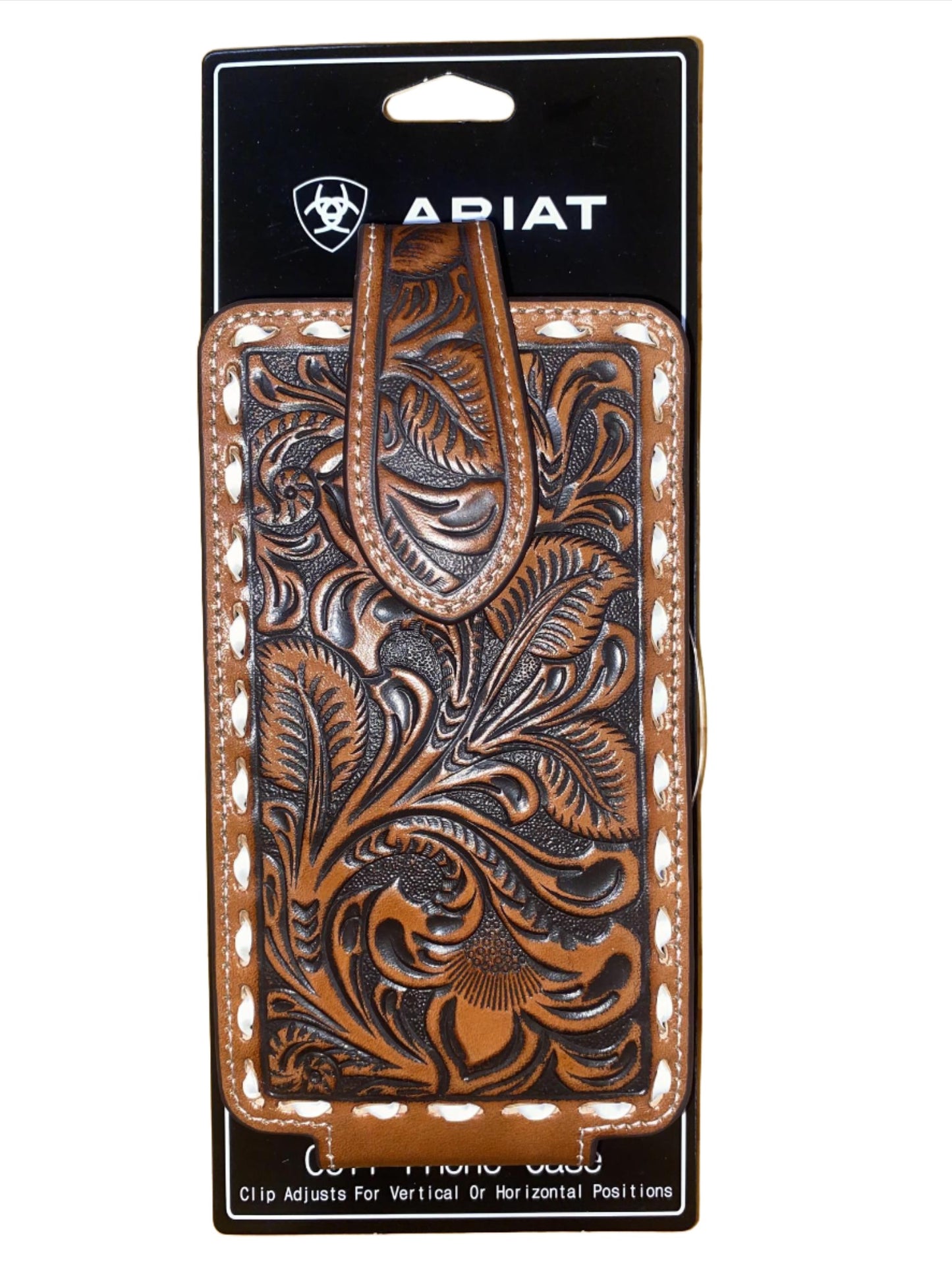 Ariat Phone Holder Case Brown Floral Embosessed With Ivory Buck Laced Edge