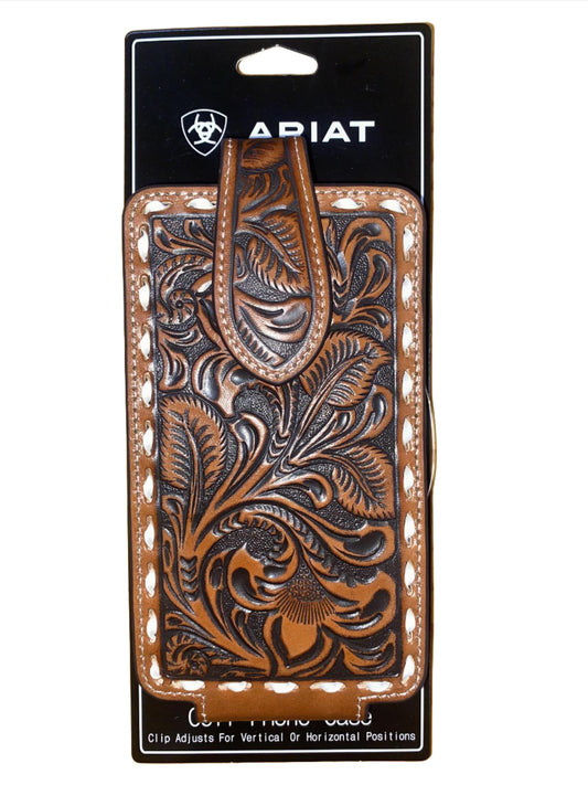 Ariat Phone Holder Case Brown Floral Embosessed With Ivory Buck Laced Edge A0601902