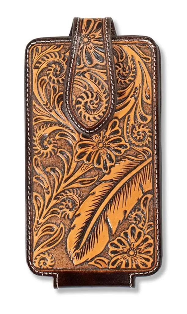 Ariat Phone Holder Case Leather Concho Embossed Feather Floral Brown
