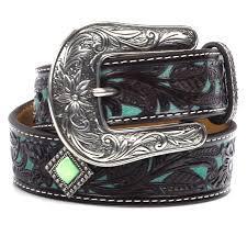 Ariat Western Girls Belt Leather Tooled Floral Conchos Brown/Turq