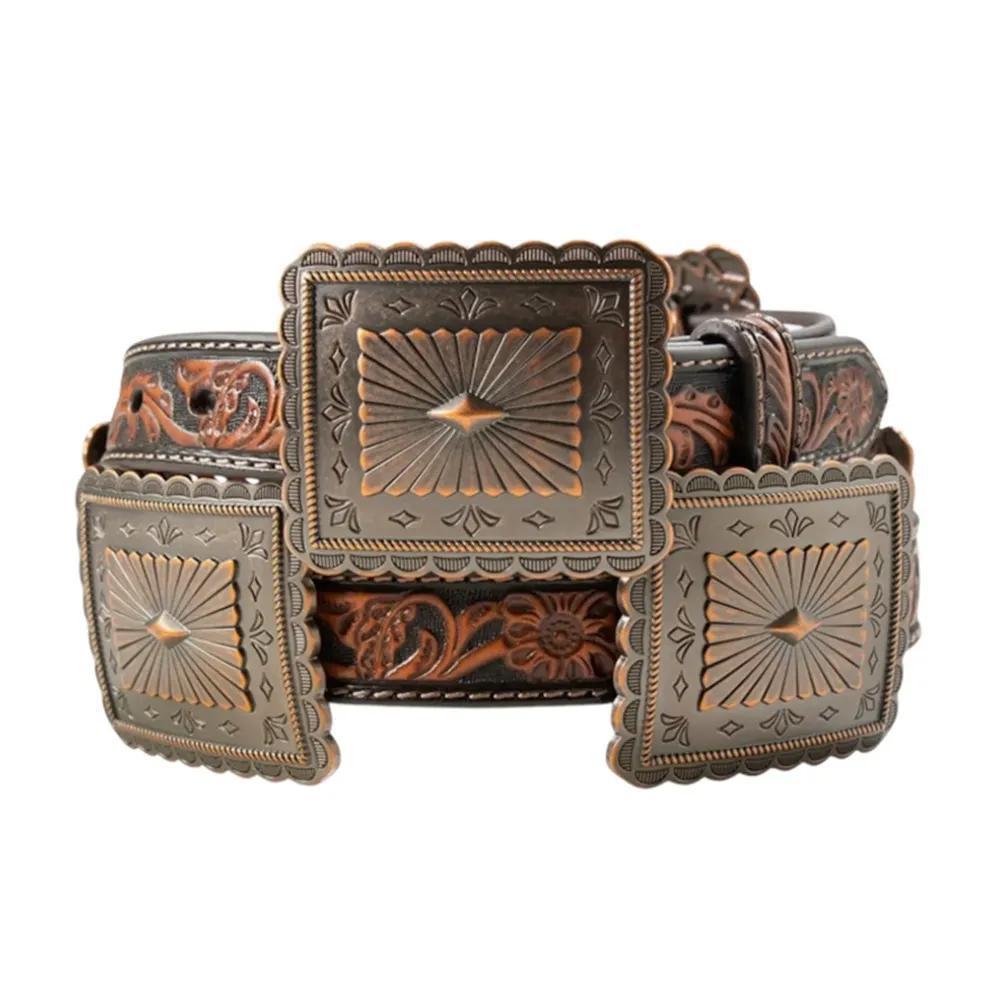 Ariat Women's Floral Embossed Scalloped Concho Leather Belt - Brown - Ariat