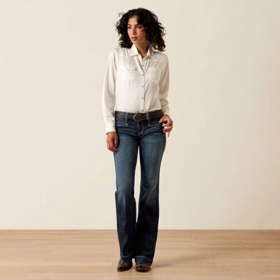 Ariat Entwined mid-rise stretch wide leg trouser jeans for women, front view on model.