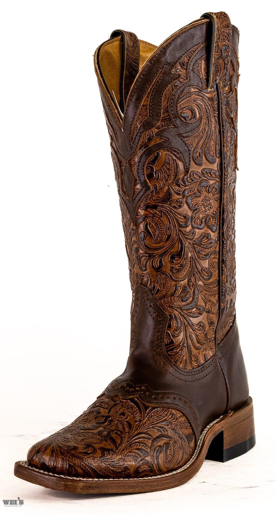 Boulet Women's Cowgirl Boots 14" Cowhide Tooled / Embossed Wide Square Toe Roper Heel