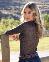 Cruel Women's Brown Ribbed Floral Print Mock Neck Mesh Top