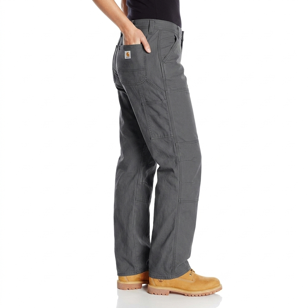 Carhartt Crawford canvas loose fit women’s work pant, flat side view showing belt loops and pocket structure.