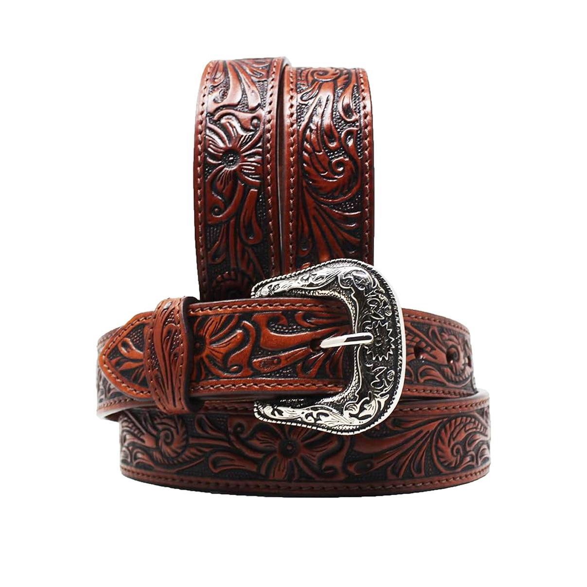 Challenger Unisex Western Tapered Floral Full-Grain Brown Leather Belt