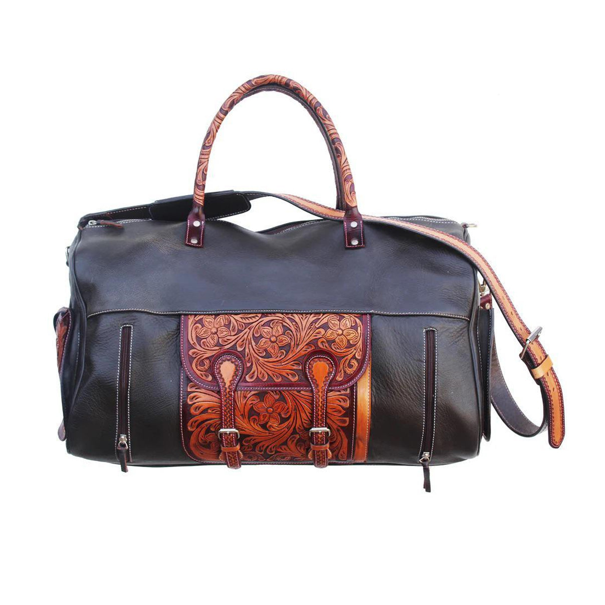 Challenger Western Floral Tooled Pebbled Black Leather Travel Duffle Bag