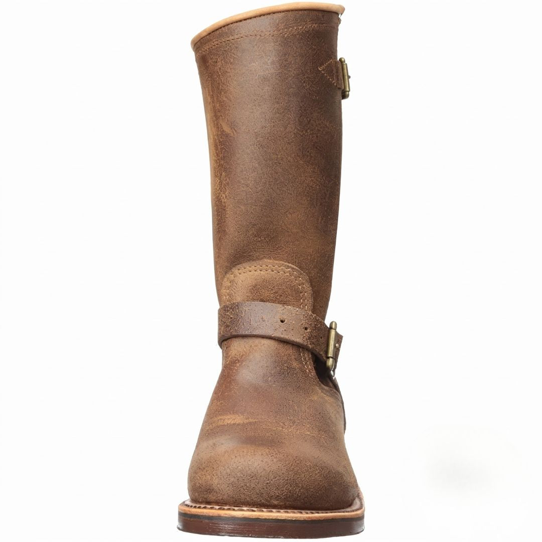 Chippewa 11-inch motorcycle engineer boot in brown distressed leather, cropped front toe view.