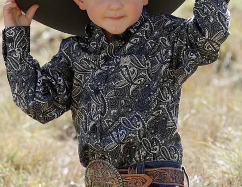 Cinch Boy's Long Sleeve Button Down Black & Grey Paisley Print Western Shirt
