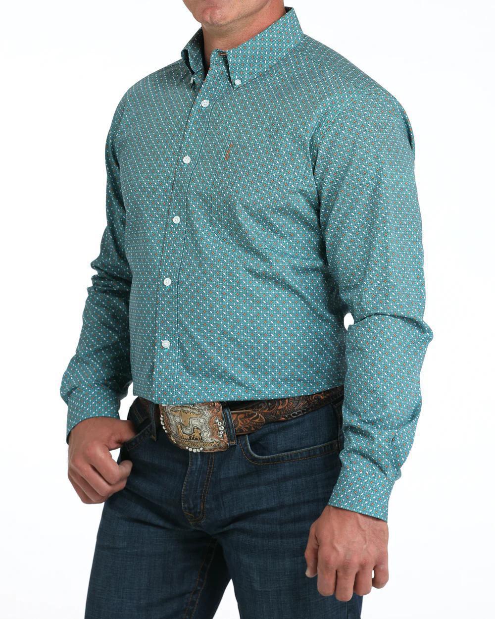 Cinch Men's Modern Fit Button-Down Western Shirt Teal w/ Print - Cinch