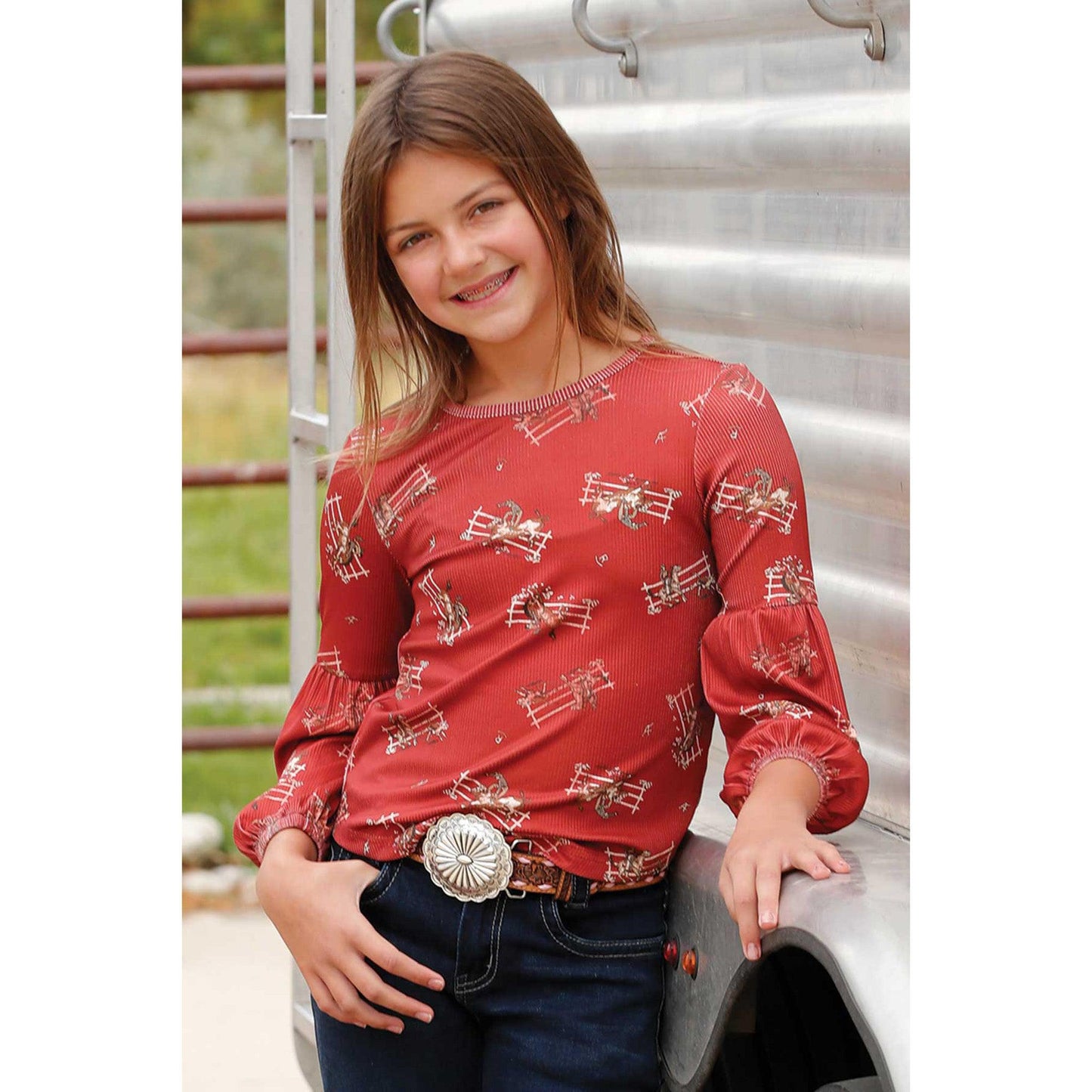 Cinch Youth Girl's Rodeo Print Red Blouse - Cinch