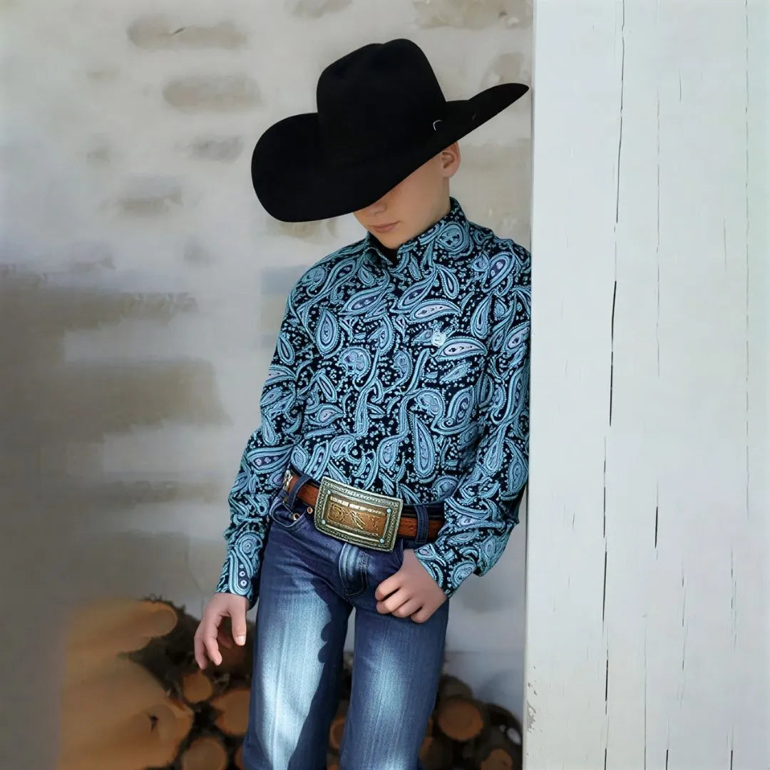 Cinch Boy's Paisley Print Button-Down Western Shirt - Black