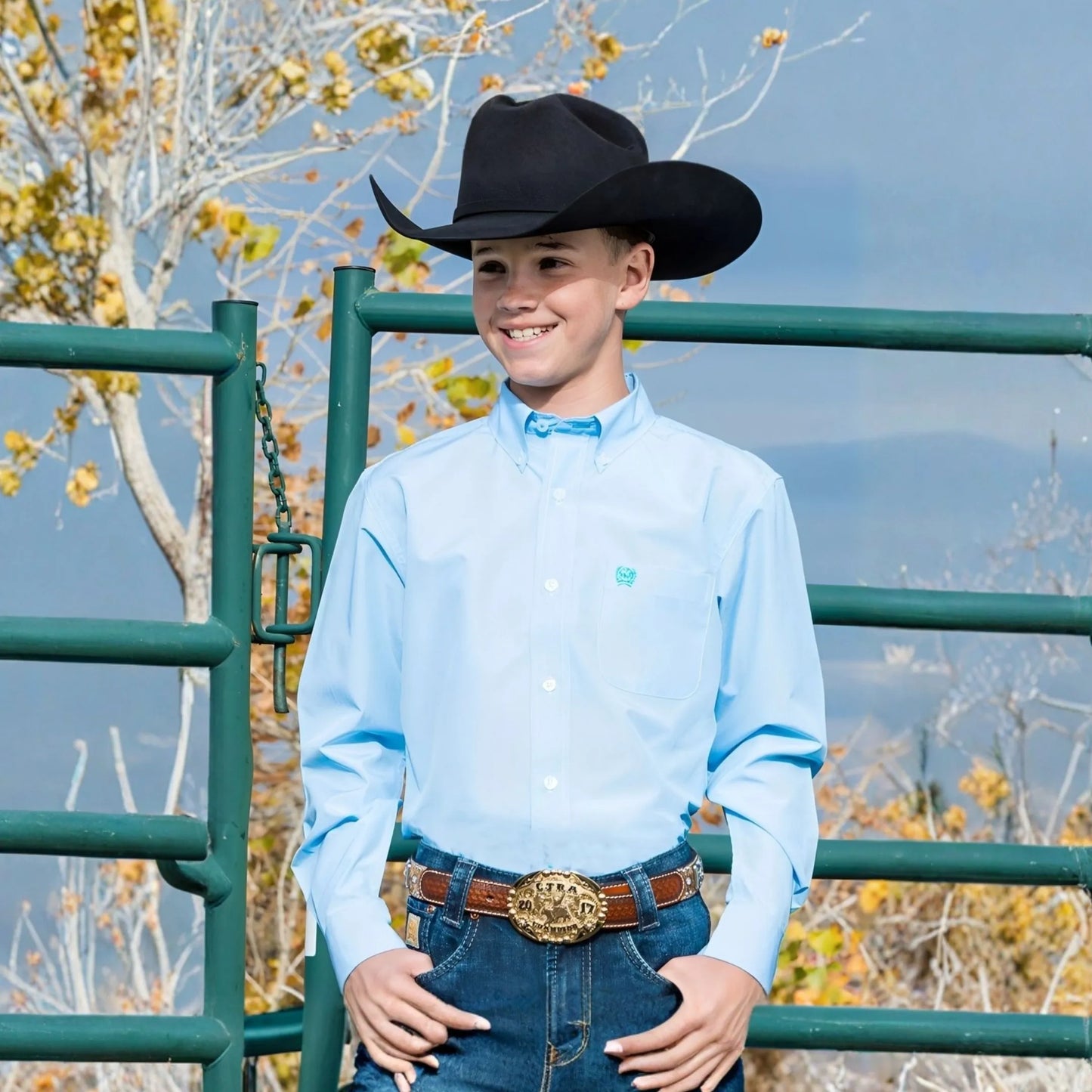 Cinch Boys' Long Sleeve Stripe Button Down Shirt - Light Blue