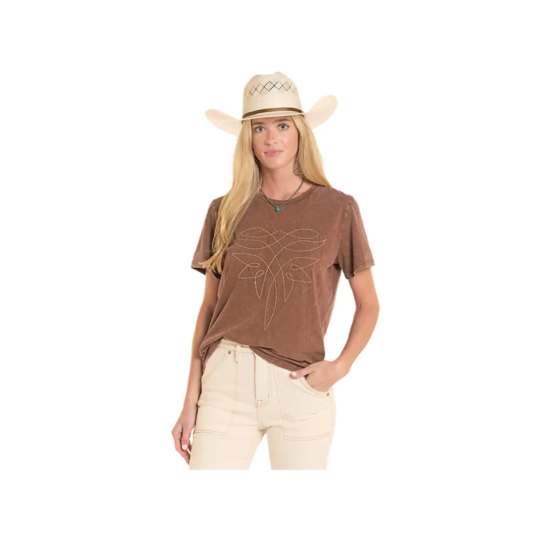 Rock&Roll Women's Mahogany Brown Mineral Wash Boot Stitch Tee