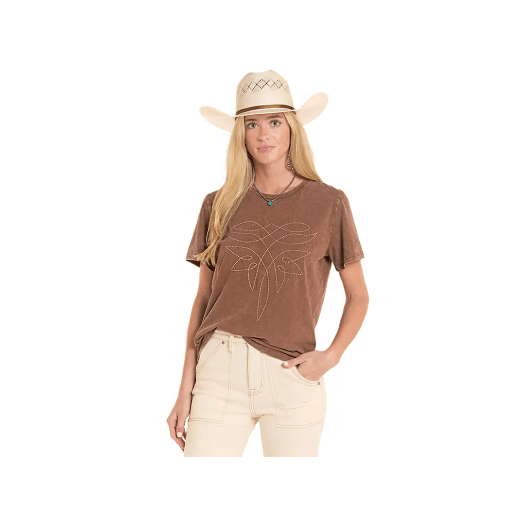 Rock&Roll Women's Mahogany Brown Mineral Wash Boot Stitch Tee - Rock & Roll Denim