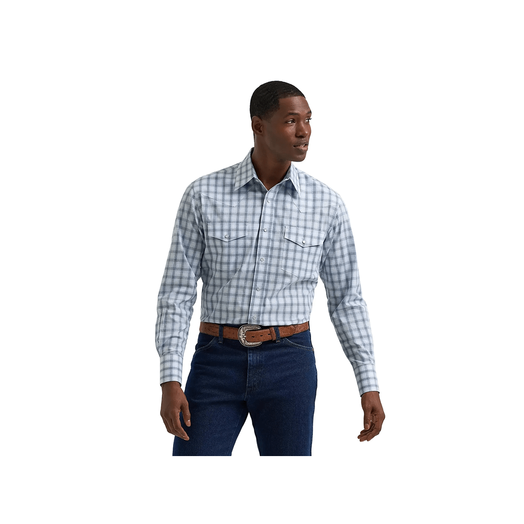 Wrangler Men's Wrinkle Resistant Blue Plaid Long Sleeve Western Shirt - Wrangler
