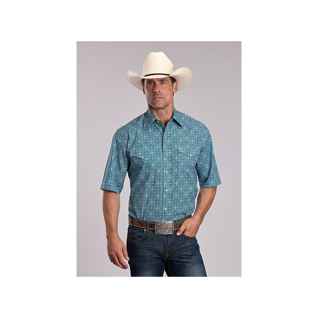 Stetson Men's Teal Filgree Print Snap Short Sleeve Western Shirt
