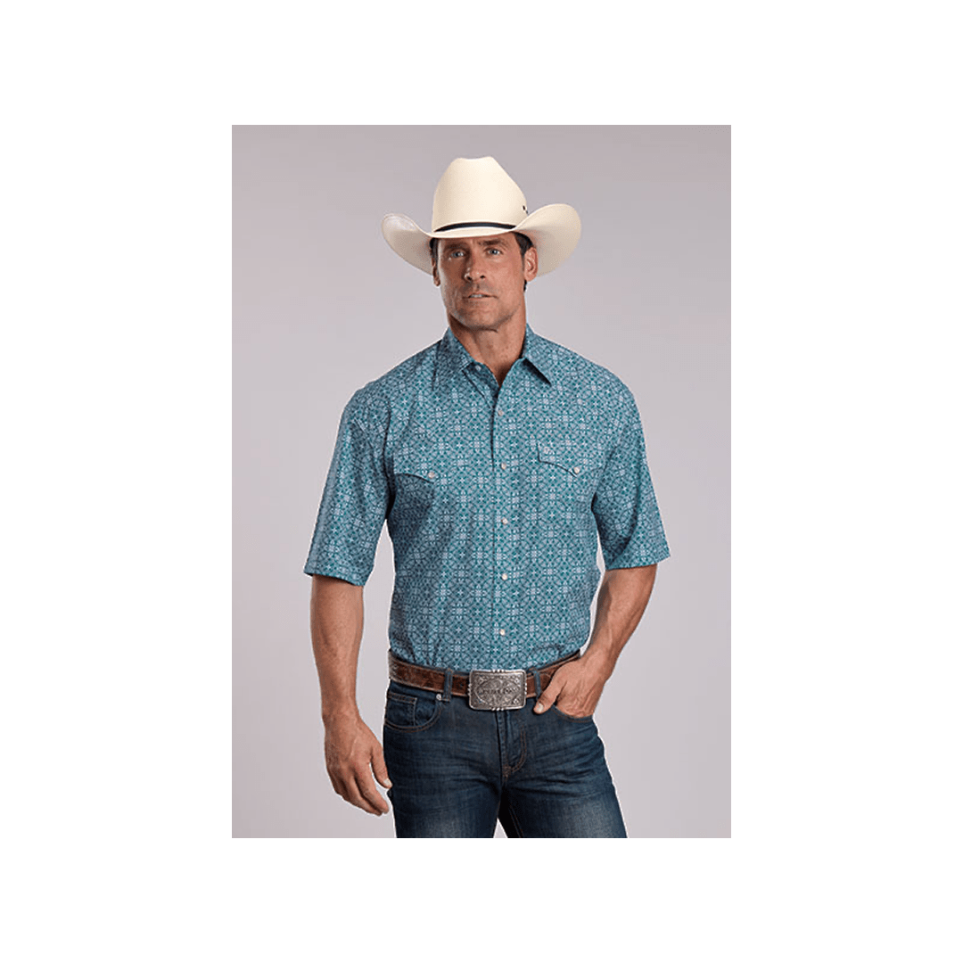 Stetson Men's Teal Filgree Print Snap Short Sleeve Western Shirt - Stetson