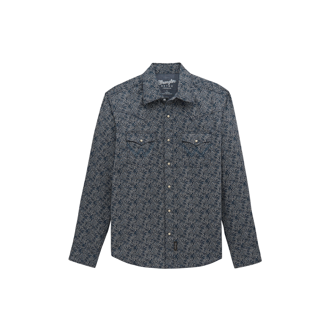 Wrangler Men's Retro Premium Long Sleeve Navy Print Snap Shirt - Wrangler