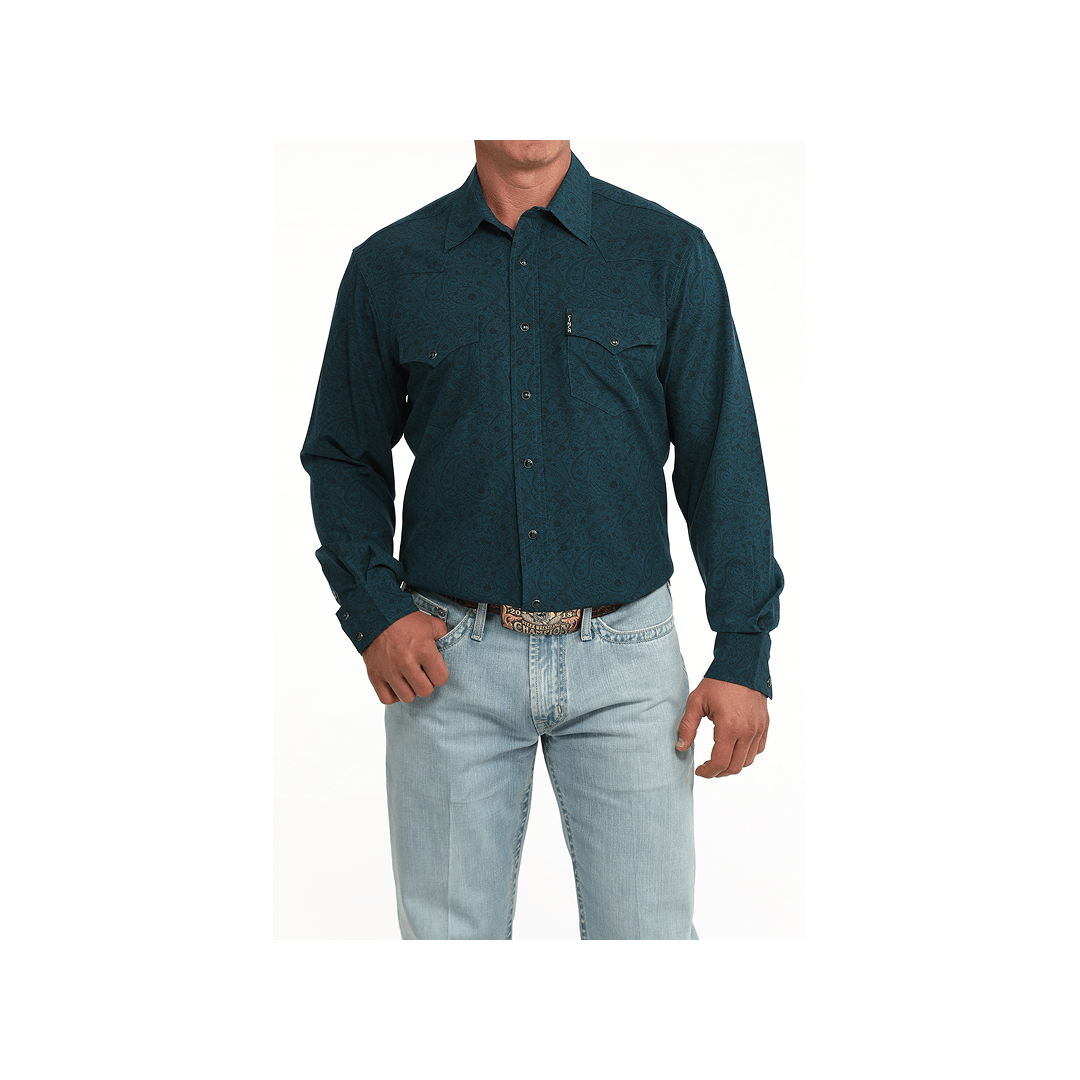 Cinch Men's Modern Fit Tea Green Paisley Print Snap Western Long Sleeve Shirt - Cinch
