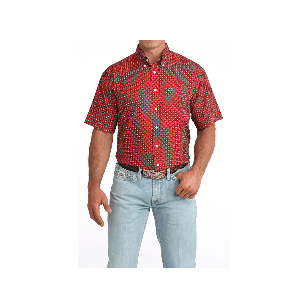 Cinch Men's Arenaflex Red Geometric Print Short Sleeve Button Down Western Shirt - Cinch