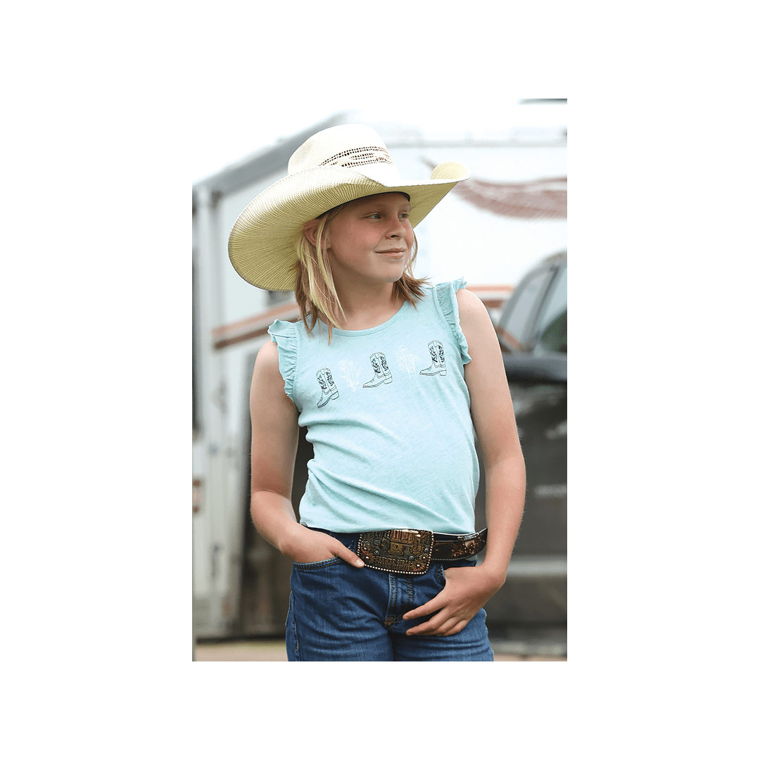 Cinch Girl's Ruffled Sleeve Light Blue Graphic Print Tank Top - Cinch