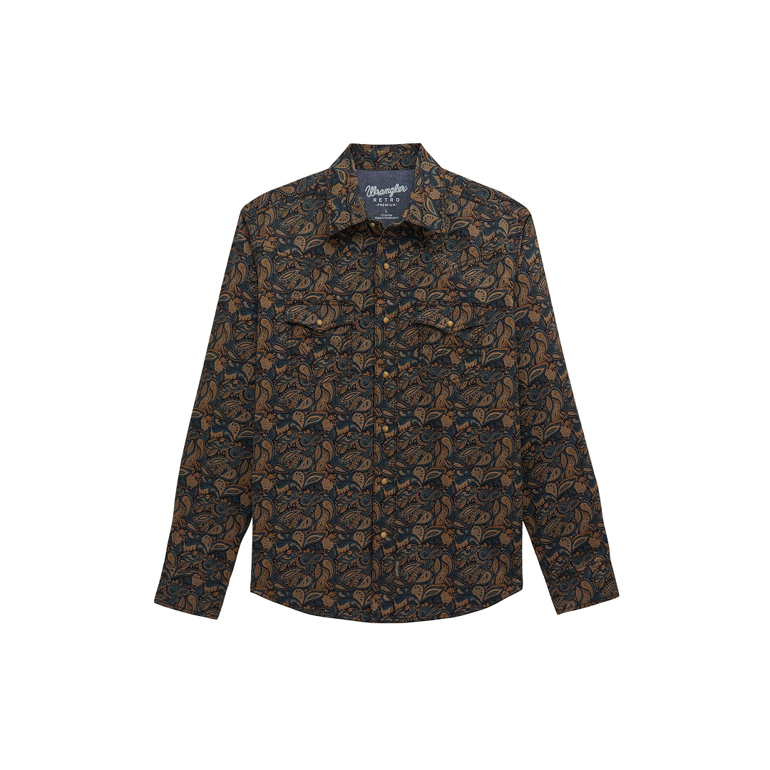 Wrangler Men's Retro Premium Long Sleeve Brown Print Snap Shirt