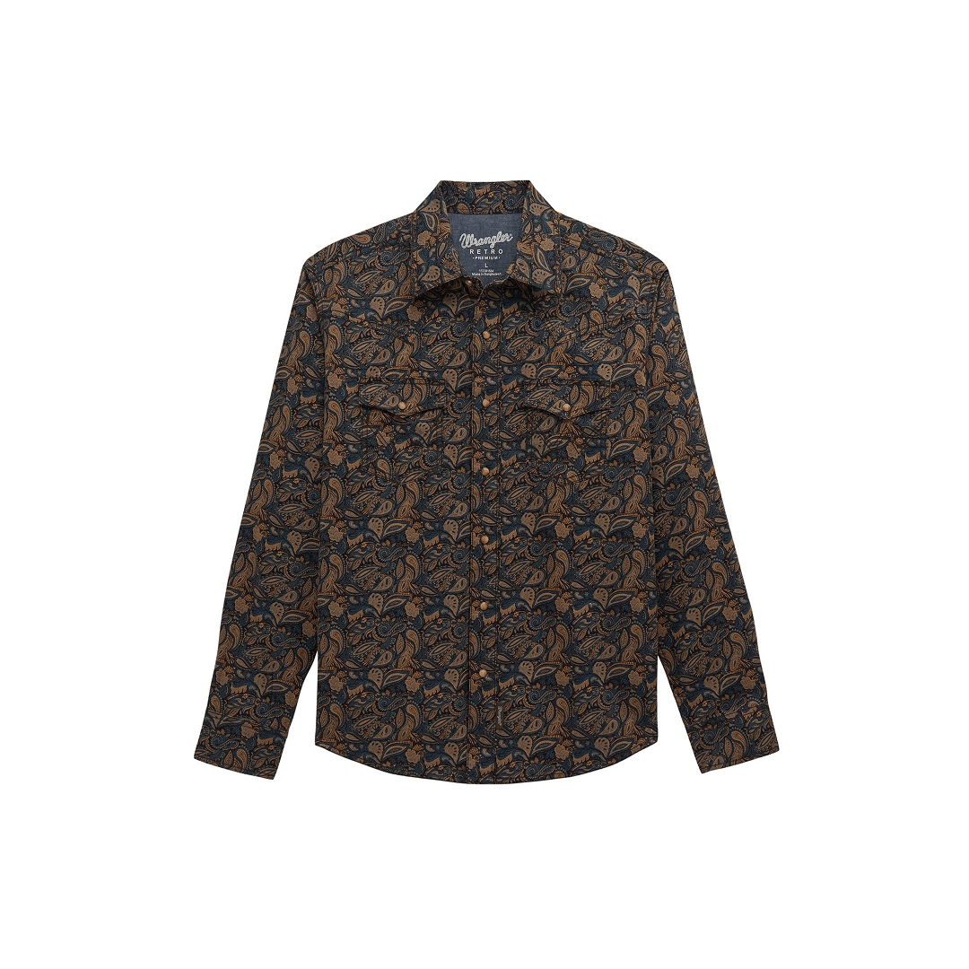 Wrangler Men's Retro Premium Long Sleeve Brown Print Snap Shirt - Wrangler