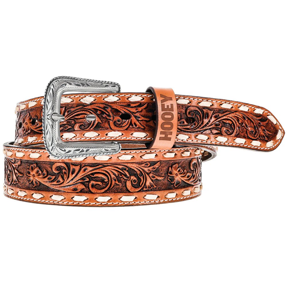 Hooey "Tuff" Hand Tooled Floral Filigree Natural / Ivory Belt - Hooey