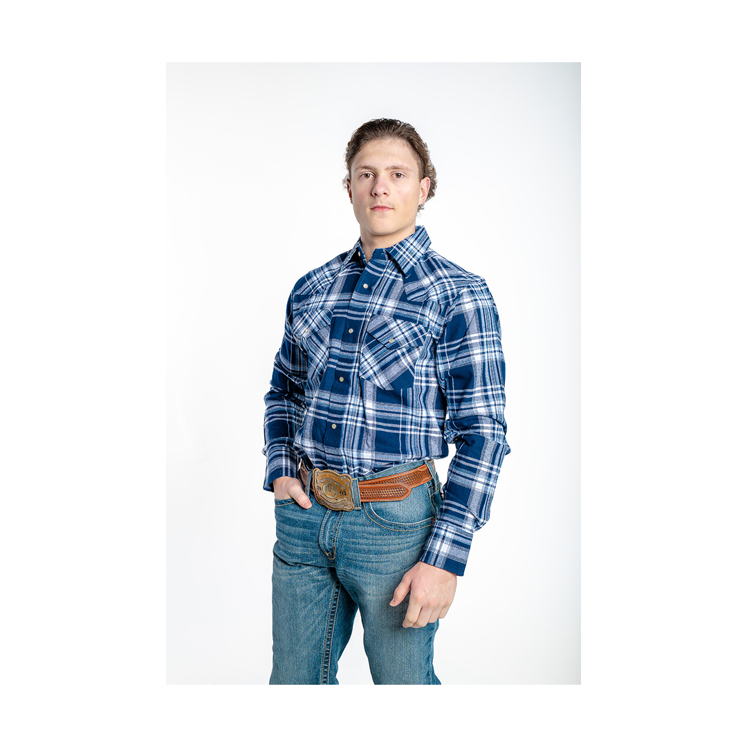 MWG Apparel Men's Flannel Blue Plaid Western Long Sleeve Snap Shirt