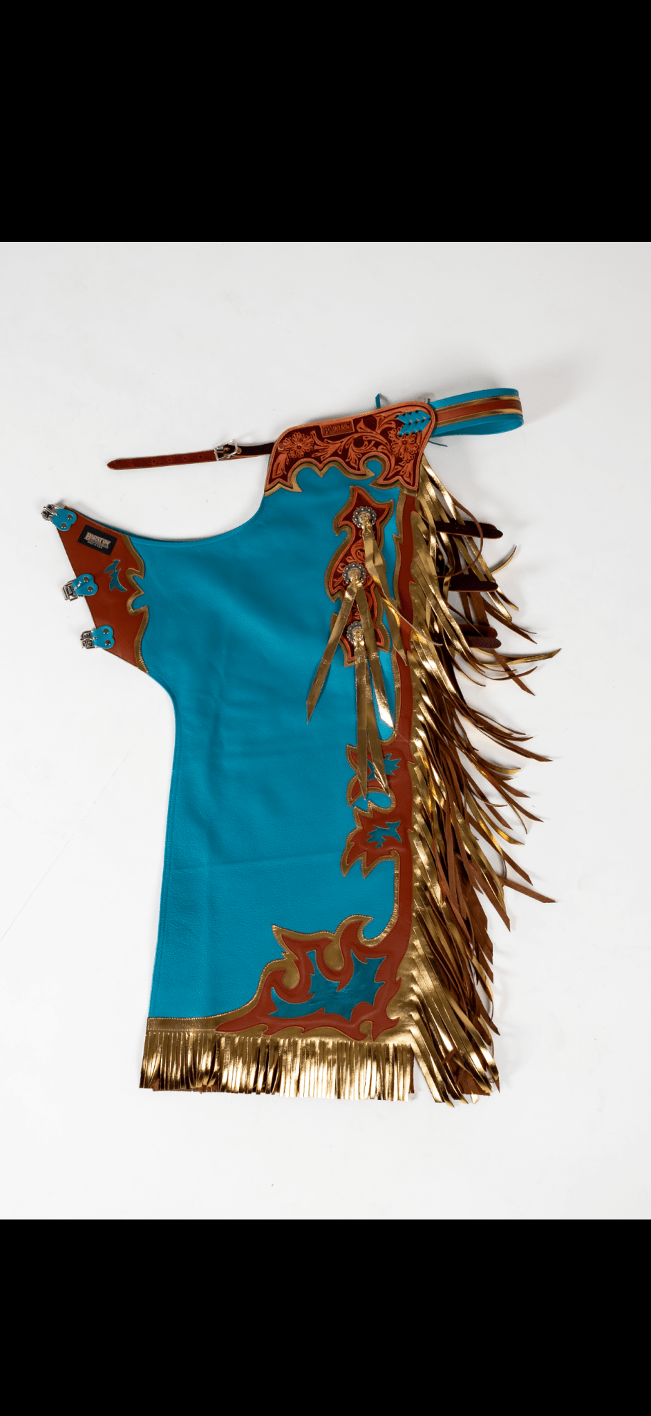 Barstow Rodeo Western Turquoise Gold Leather Tooled Chaps - Barstow