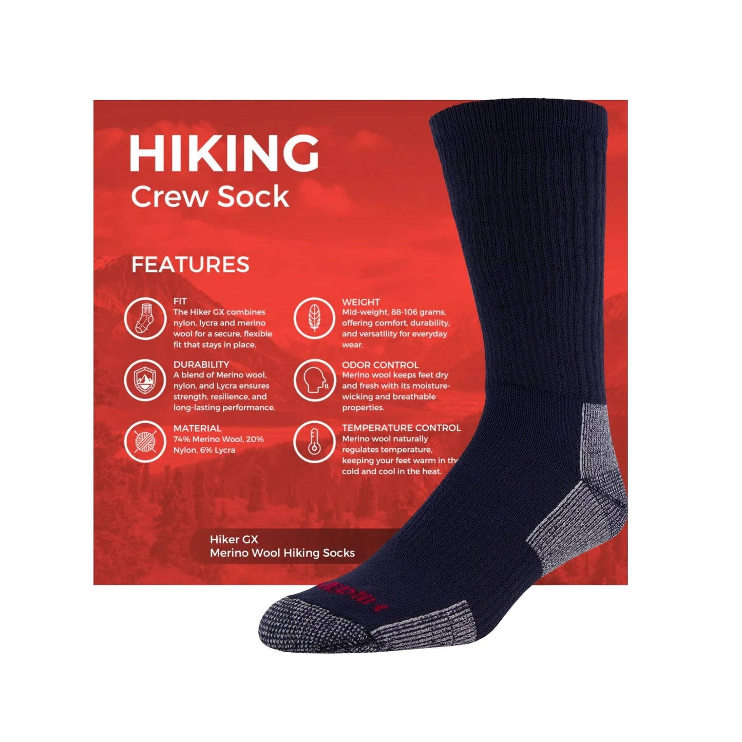 J.B. Field's Unisex Hiker GX 74% Merino Wool Hiking Crew Sock - Navy/Grey weis-western-wear