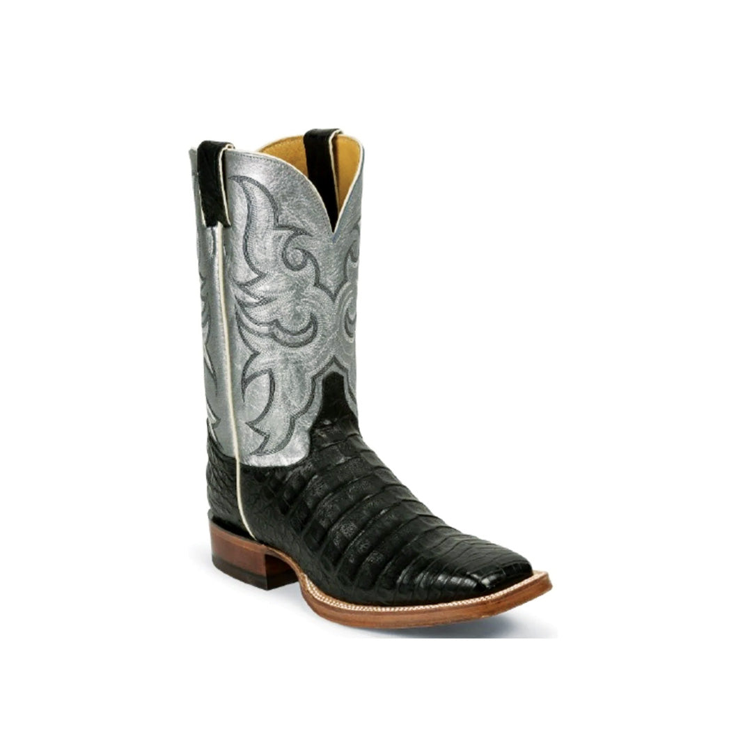 Justin Men's Cowboy Boots Exotic Caiman and Cowhide Wide Square Toe