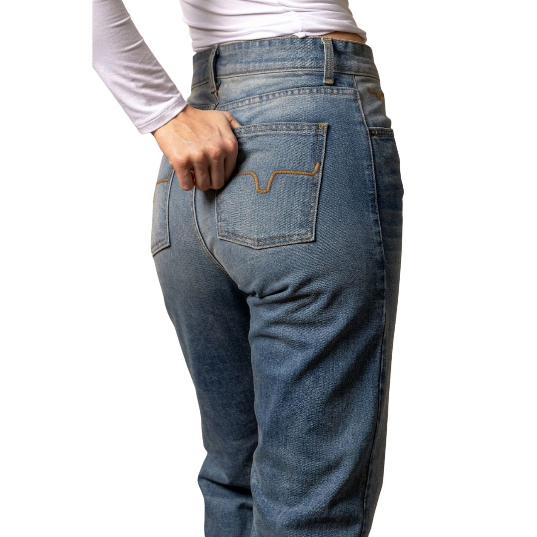 Kimes Ranch Mia mid wash jeans for women, close-up of front zipper and button.