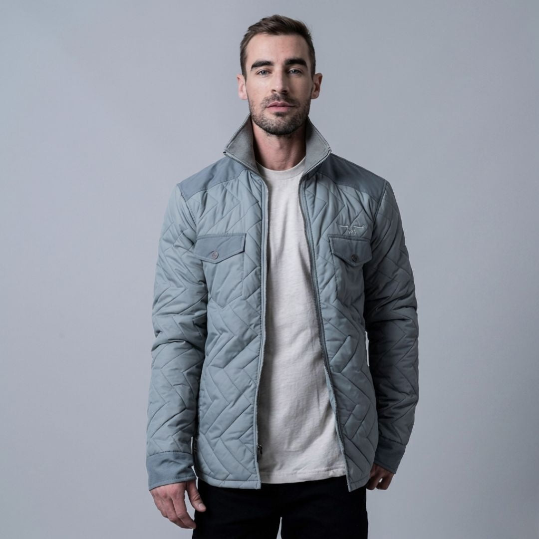 Kimes Ranch Skink flannel-lined jacket in Charcoal, front view on model.
