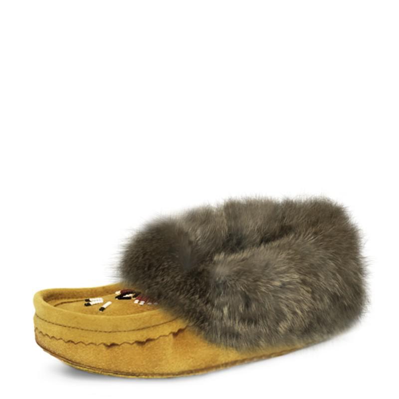 Laurentian Chief Women's Indian Tan Moccasin With Fur Trim- Clearance