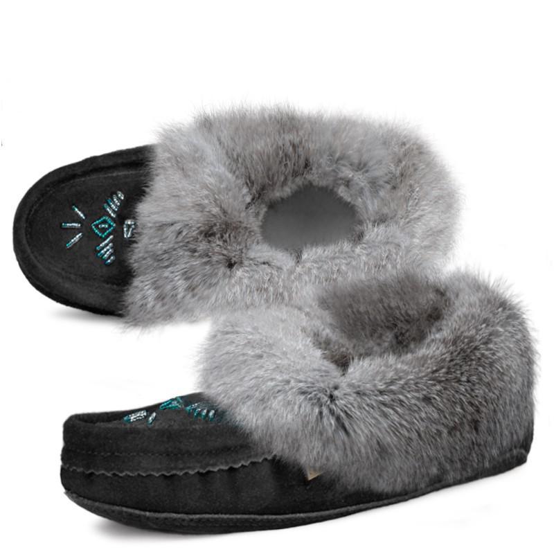 Laurentian Chief Women's Orlon Beaded Slipper With Fur Trim And Padded Sole - Laurentian Chief