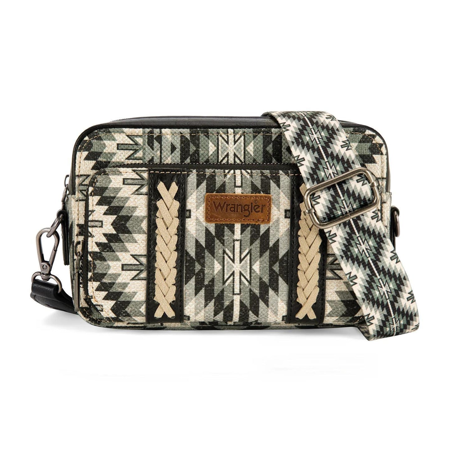 Montana West Wrangler Southwestern Pattern Dual Sided Print Crossbody Purse With Wallet Compartment - Black weis-western-wear