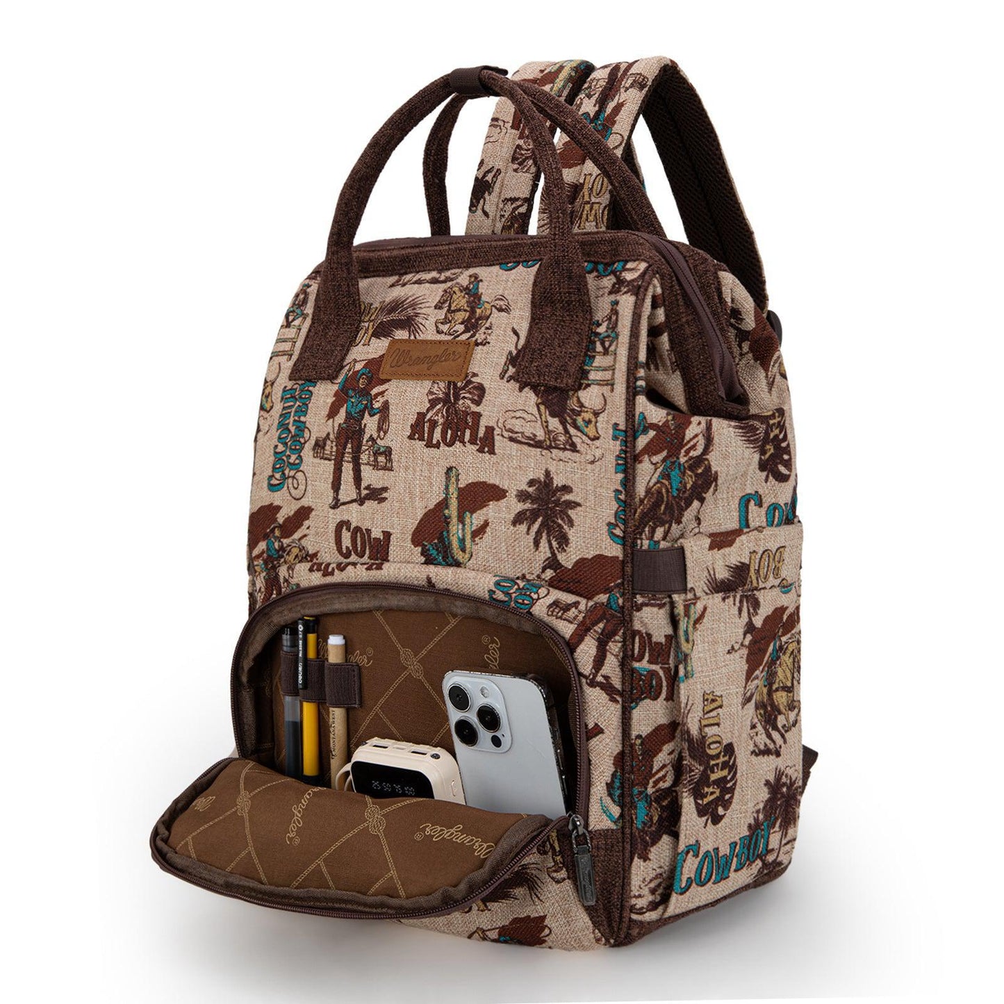 Montana West Wrangler Vintage Retro Cowboy Cool Print Backpack Tan - Montana West