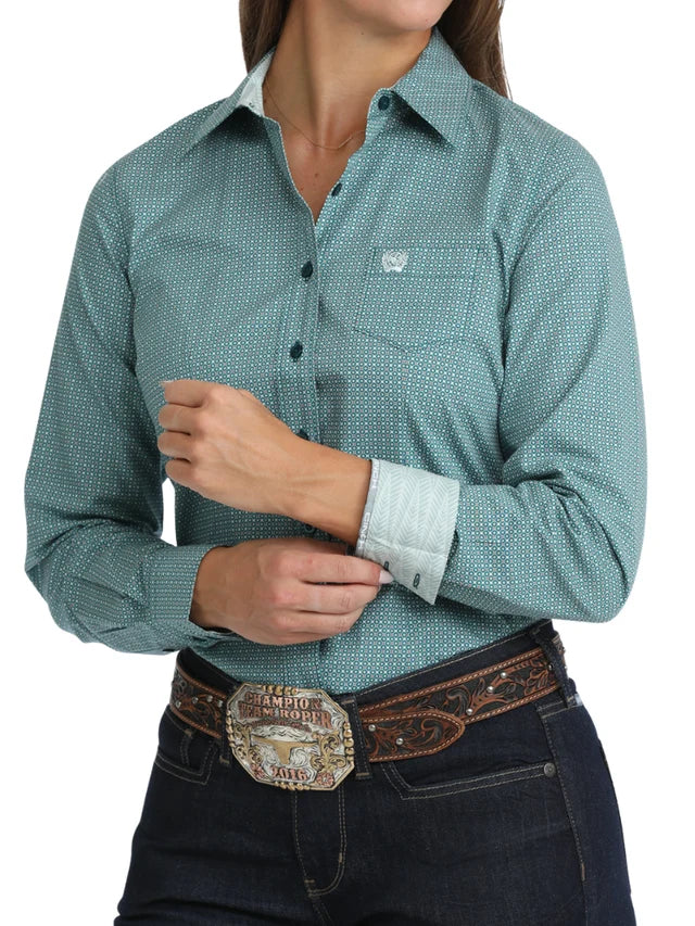 Cinch Women's Teal Geometric Print Long Sleeve Button-Down Shirt