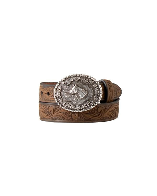 Nocona® Infant Kid's Floral Embossed Western Belt with Scrolling Horse Buckle - Brown