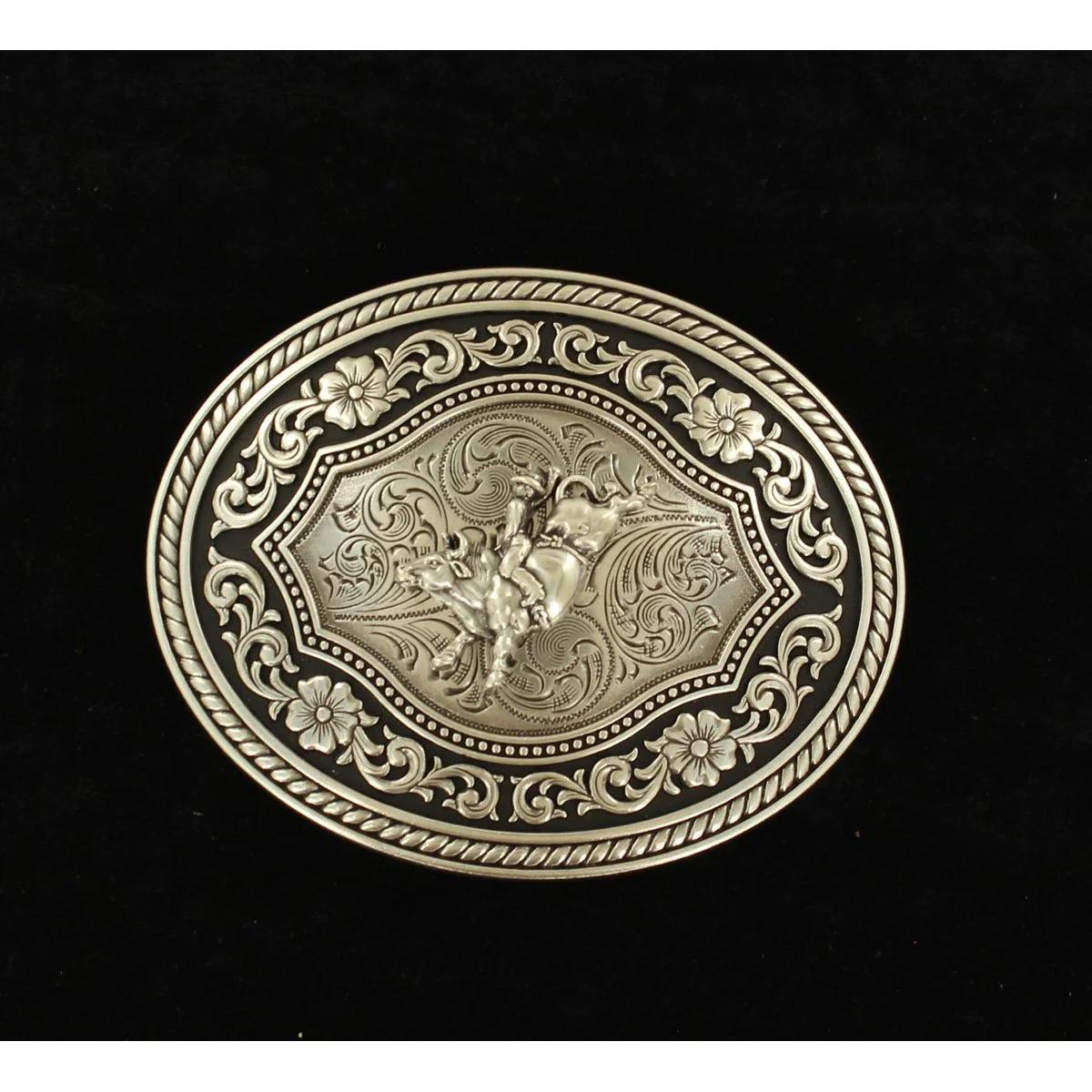 Nocona Men's Oval Scrolled Bull Rider Buckle - Antique Silver/Black - Nocona