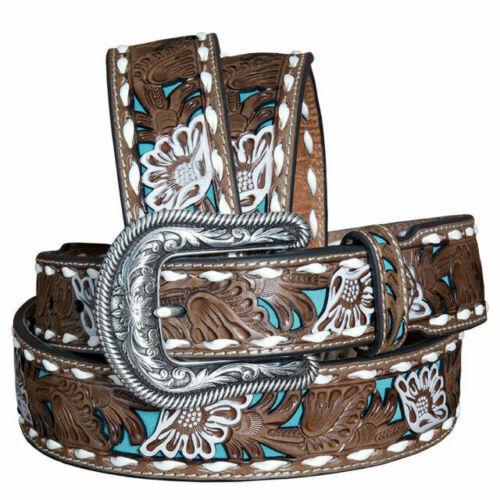 Nocona Women's Tan Turquoise Painted Flower Belt N3412308