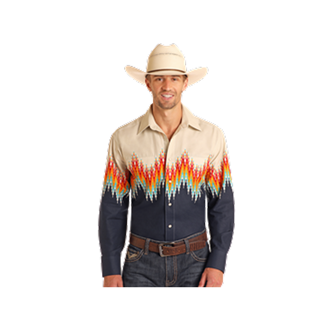 Panhandle Slim Men's Aztec Border Long Sleeve Shirt- Navy